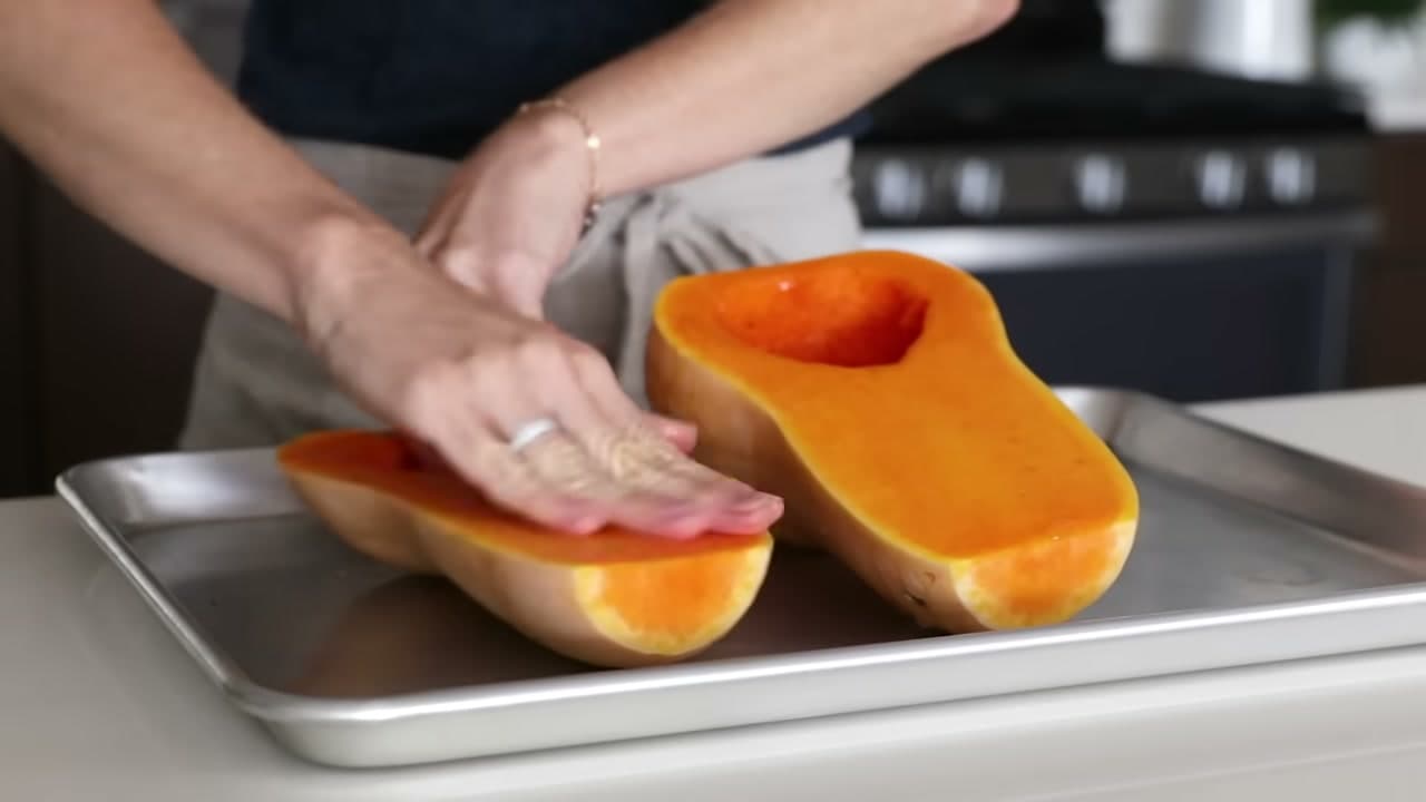 Step 3: Oil and Season the Cut Sides - How to Make Butternut Squash Soup (Roasted, No Cream)