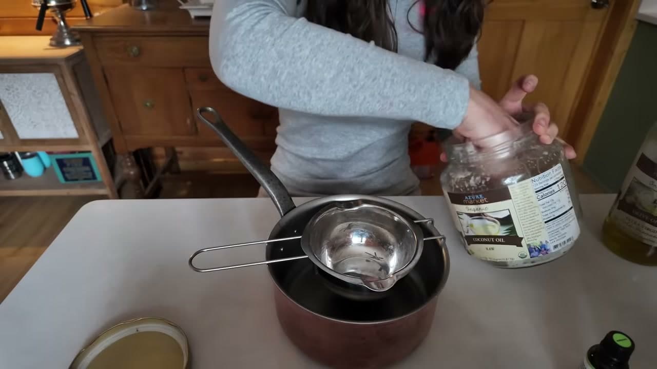 Step 1: Gather the Coconut Oil, Shea Butter, Beeswax and Olive Oil - How to Make Lip Balm