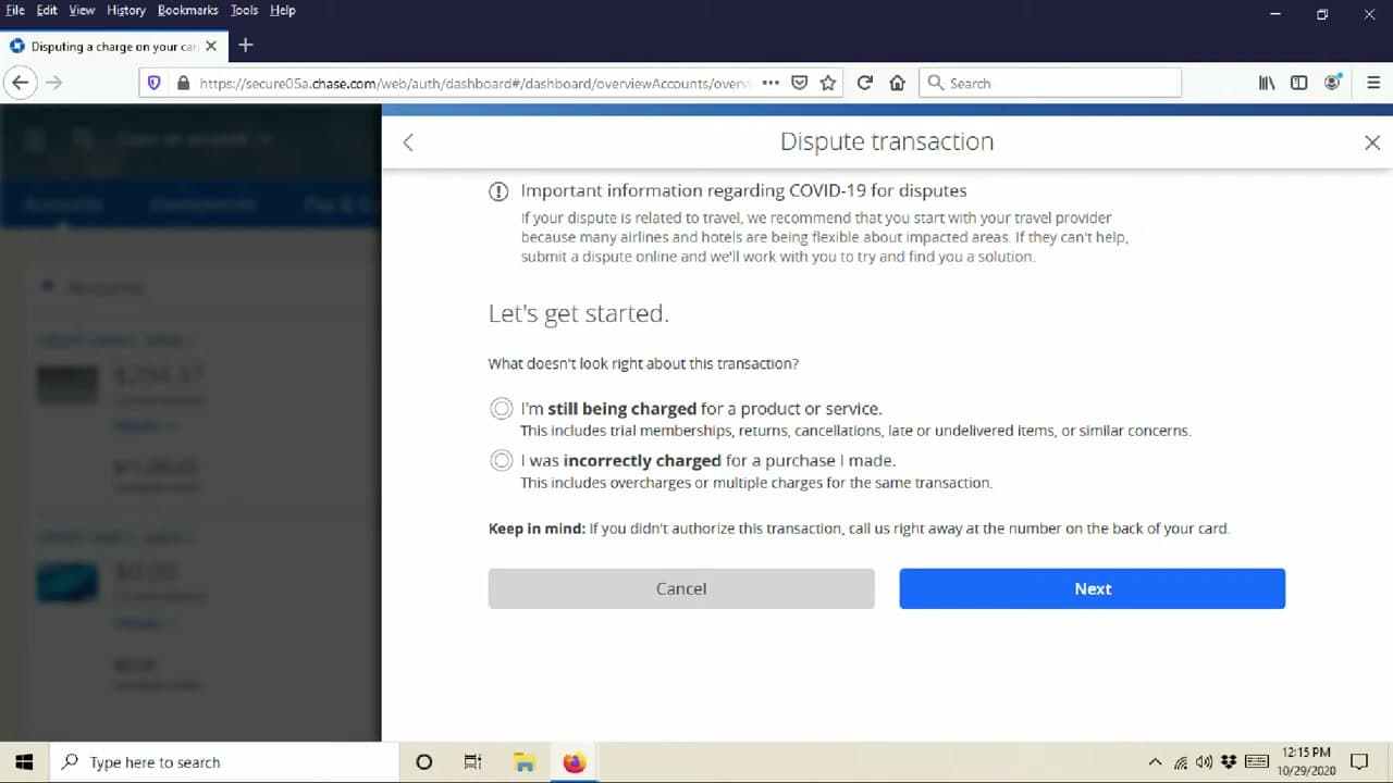 Step 4: Step 4: Click Dispute Transaction to Start the Form