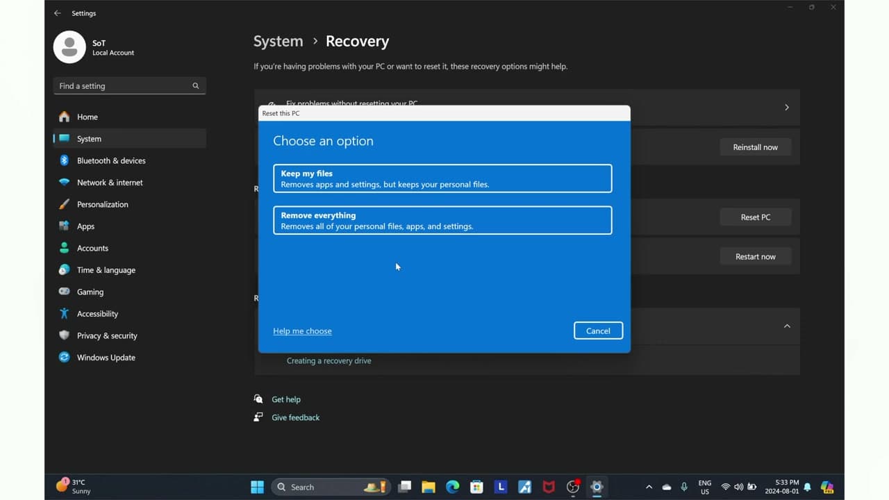 Step 5: Step 5: Choose Keep My Files or Remove Everything