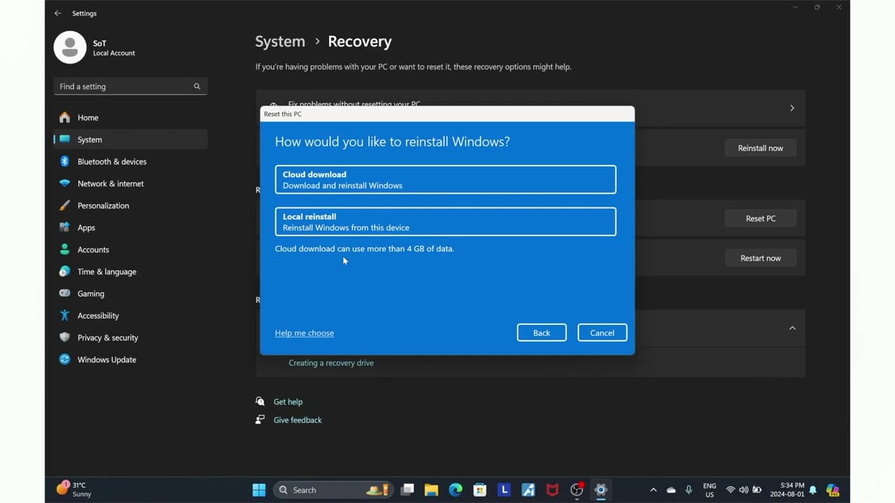 Step 6: Step 6: Pick Cloud Download or Local Reinstall