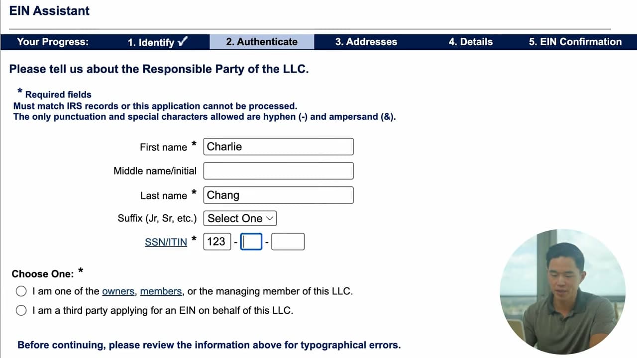 Step 6: Enter the Responsible Party - How to Get an EIN for Your Business (Free, on IRS.gov)