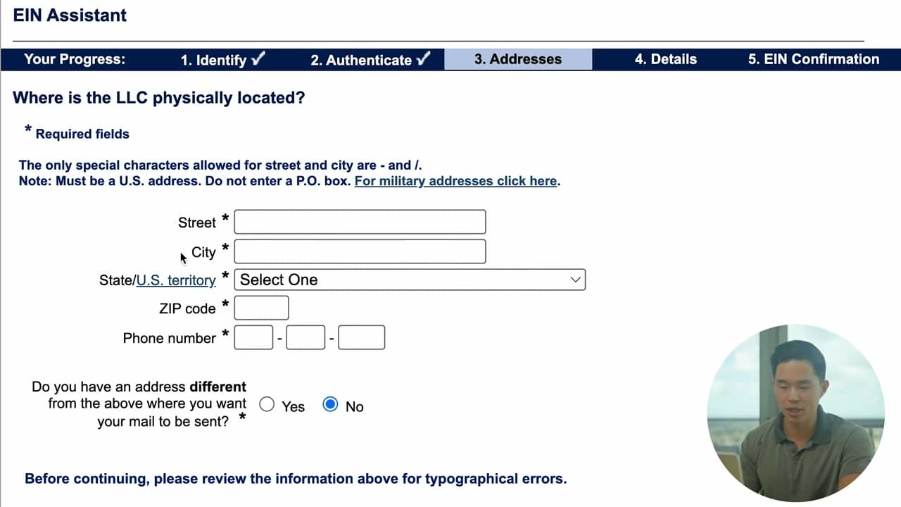 Step 7: Add the Business Address - How to Get an EIN for Your Business (Free, on IRS.gov)