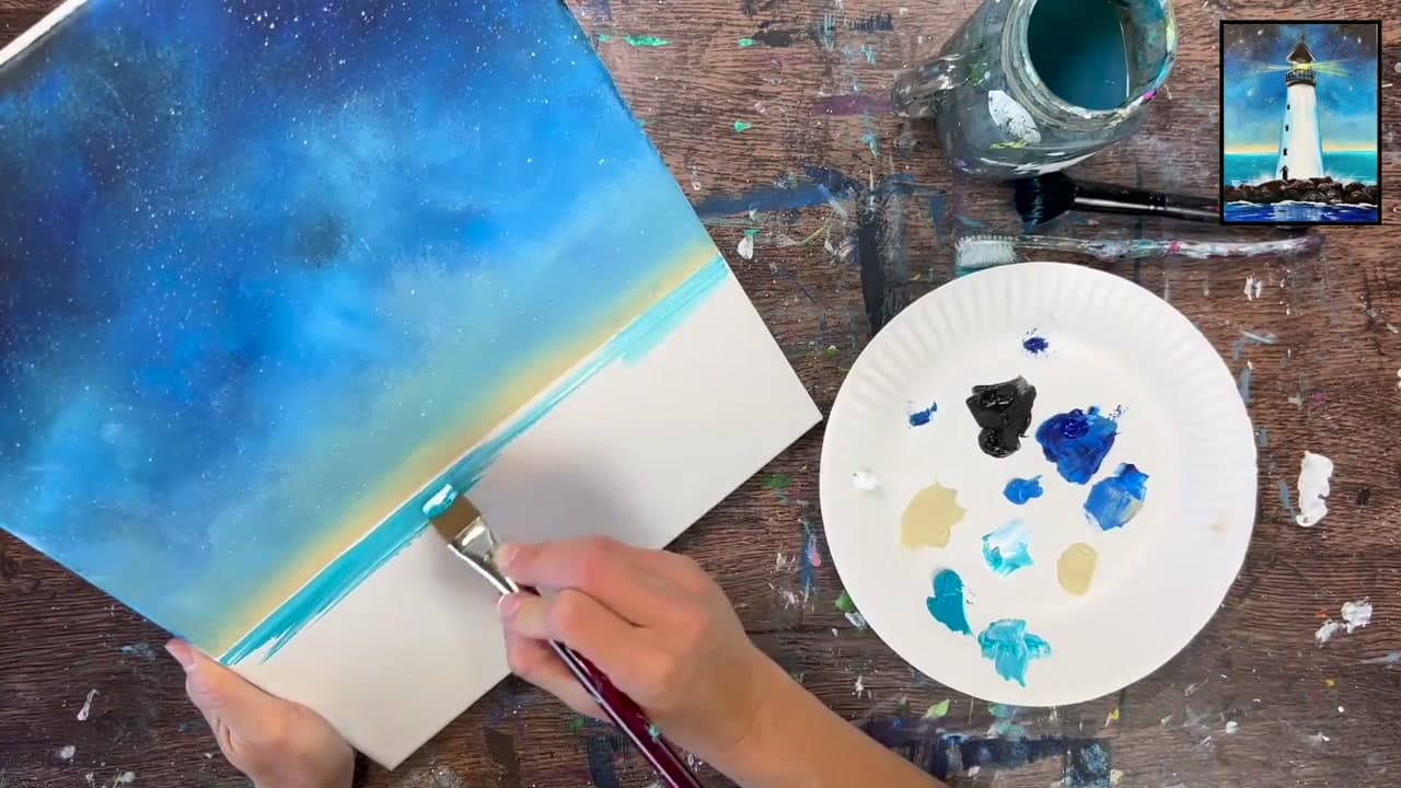 Step 4: Lay In the Turquoise Water - How to Paint a Lighthouse in Acrylics
