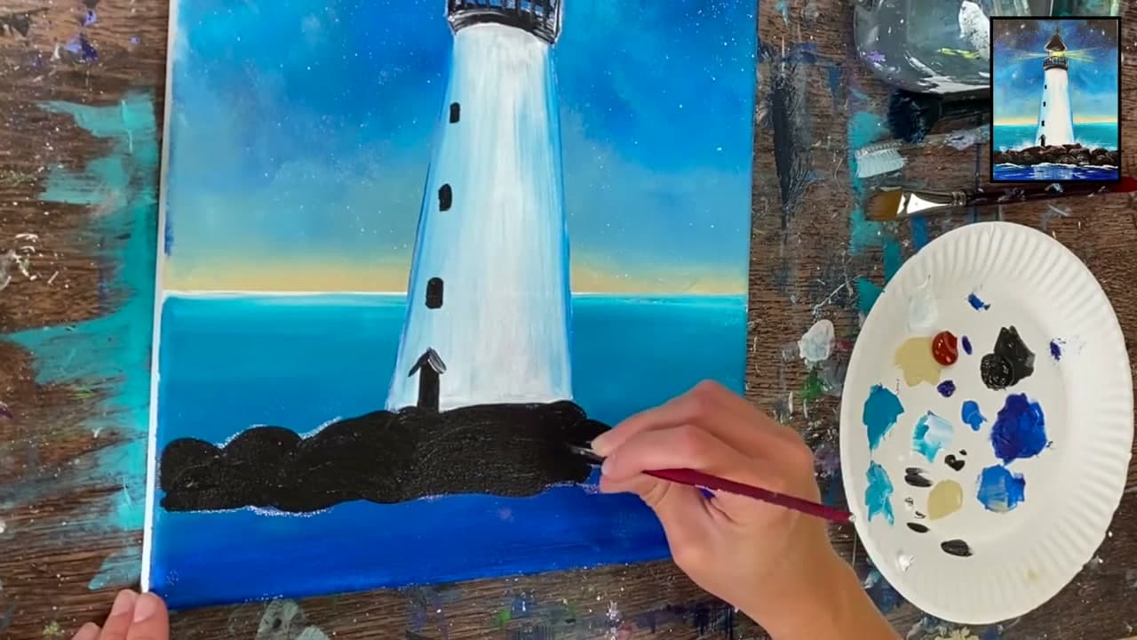 Step 8: Paint the Rocks - How to Paint a Lighthouse in Acrylics