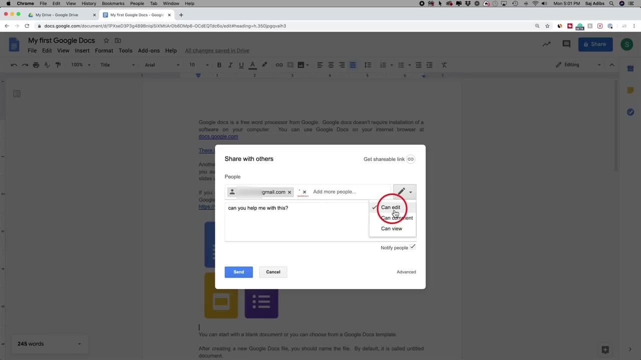 Step 9: Share the Doc and Set Editor, Commenter, or Viewer