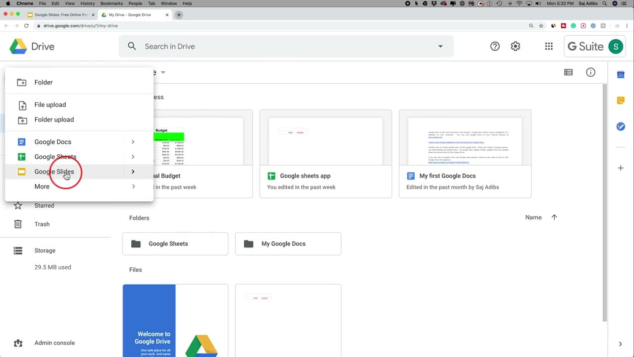 Step 2: Create a New Presentation From the Drive New Button - How to Use Google Slides - Beginner's Guide