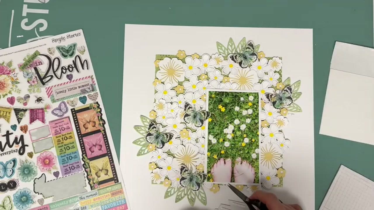 Step 9: Set the Photo In and Start Embellishing - How to Make a Flower Meadow Scrapbook Layout