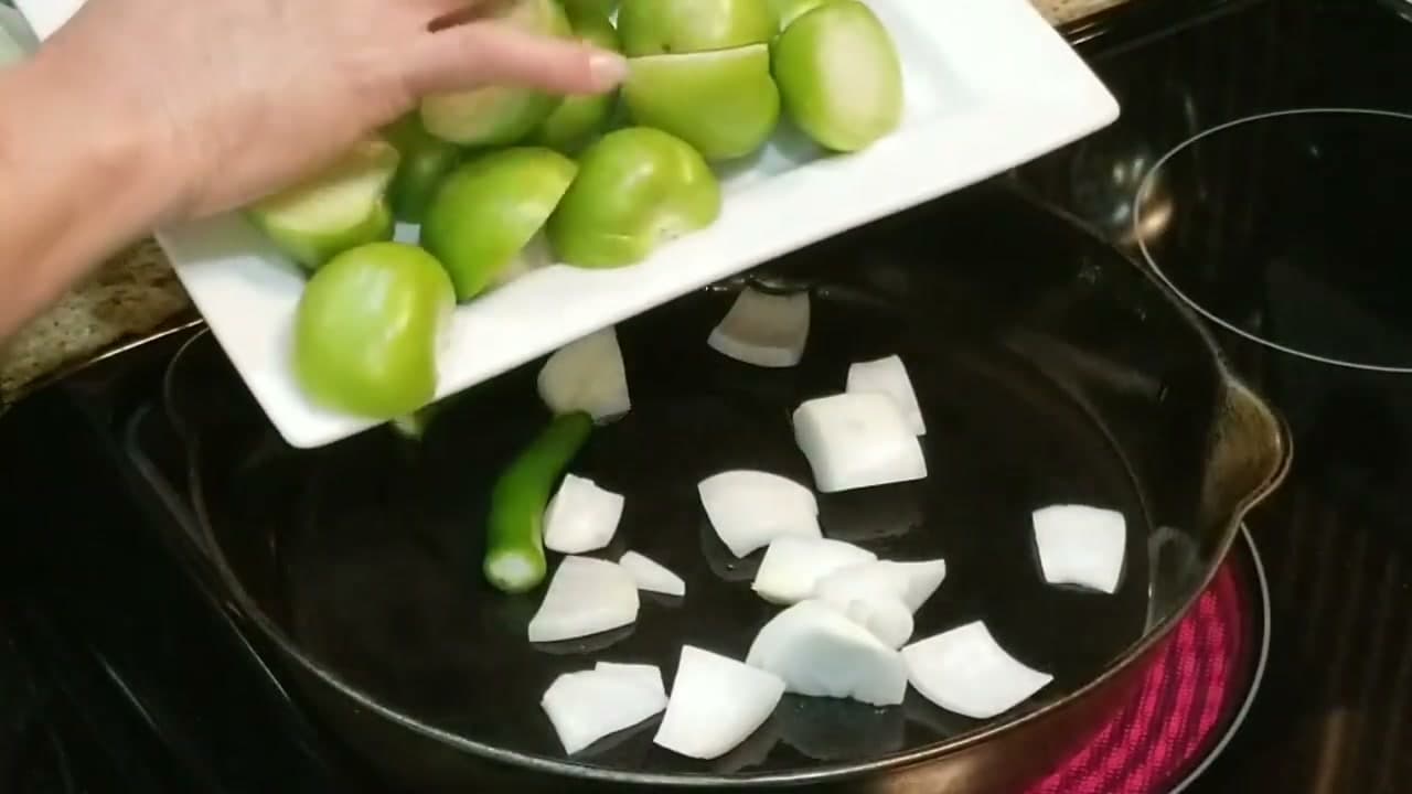 Step 4: Step 4: Roast the Tomatillos, Onion, and Serranos