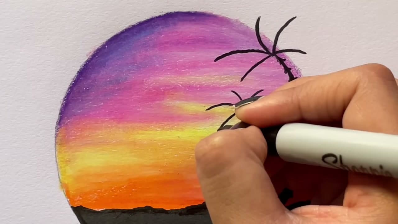 Step 10: Draw Palm Tree Silhouettes Against the Sunset - How to Draw a Sunset With Colored Pencils